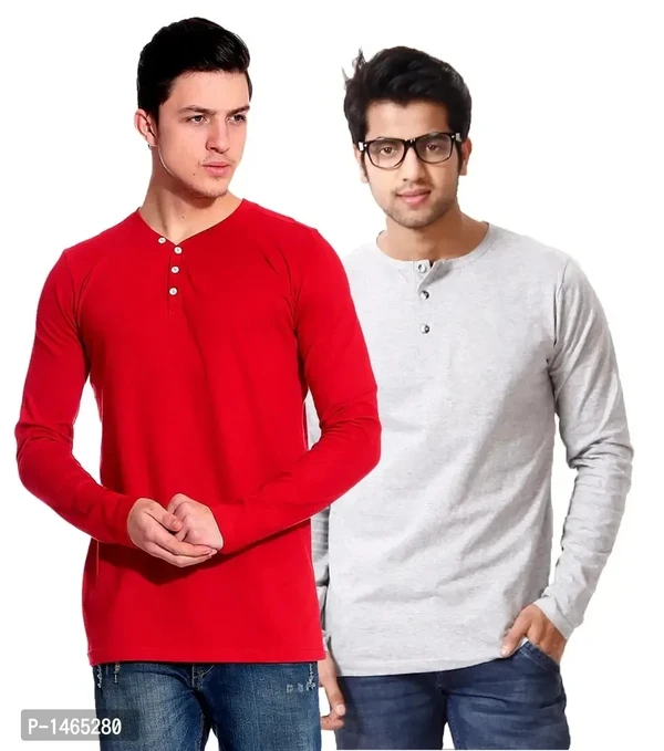 Multicoloured Cotton Blend Solid Henley Tees Pack of 2 - M