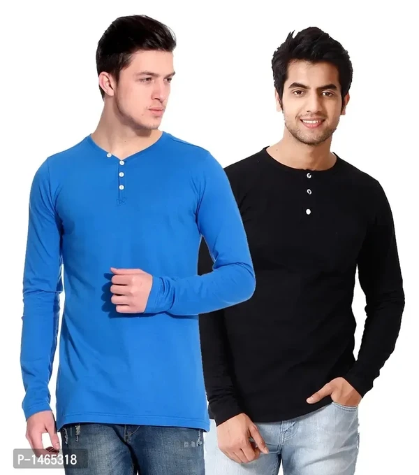 Multicoloured Cotton Blend Solid Henley Tees Pack of 2 - M