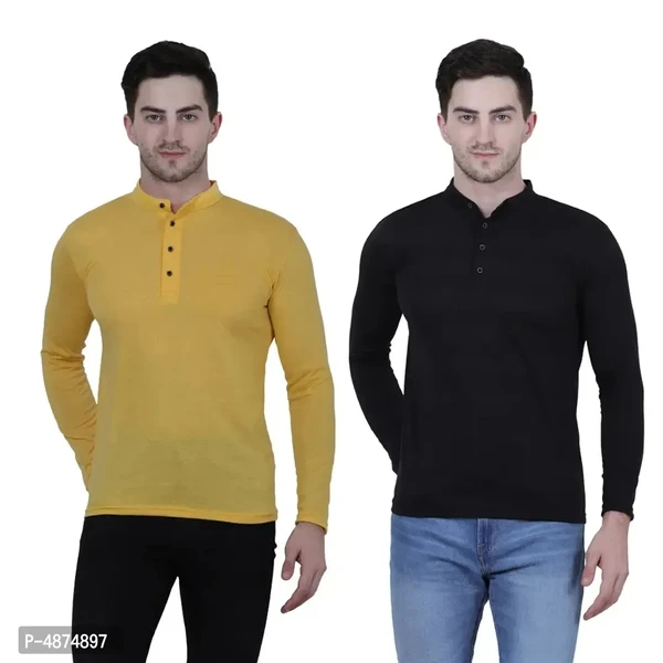 Men's Multicoloured Cotton Blend Solid Henley Tees (Pack of 2) - M