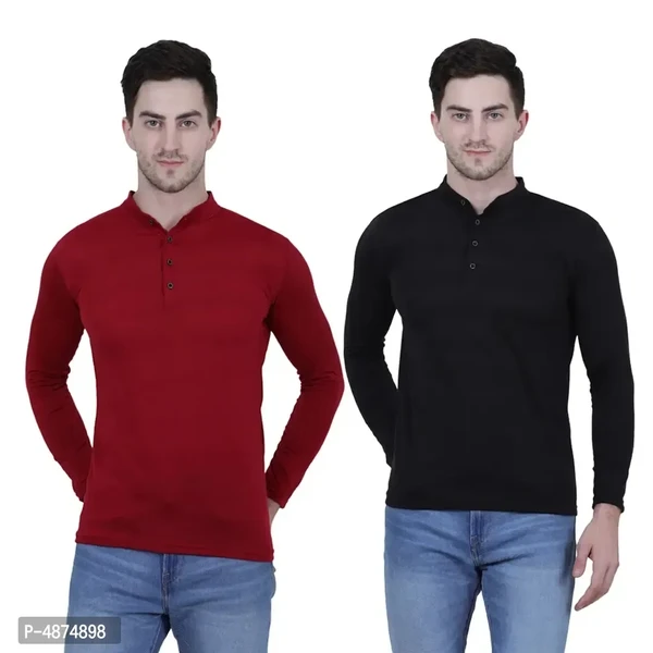 Men's Multicoloured Cotton Blend Solid Henley Tees (Pack of 2 - M