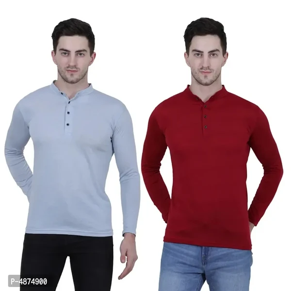 Men's Multicoloured Cotton Blend Solid Henley Tees (Pack of 2 - M