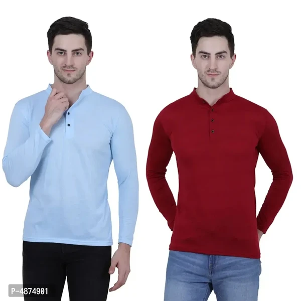 Men's Multicoloured Cotton Blend Solid Henley Tees (Pack of 2) - M