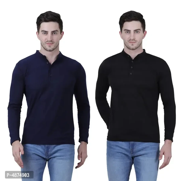 Men's Multicoloured Cotton Blend Solid Henley Tees (Pack of 2) - M