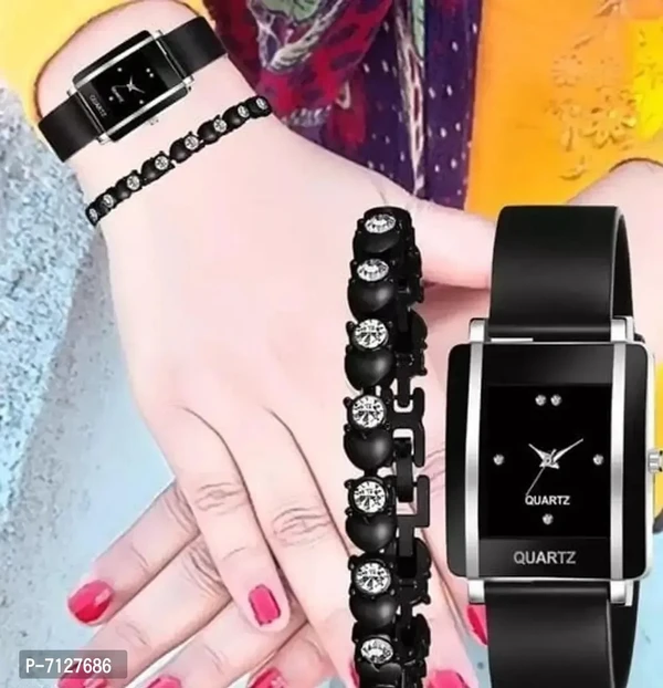 Stylish Black PU Analog Watches With Bracelet Combo For Women.