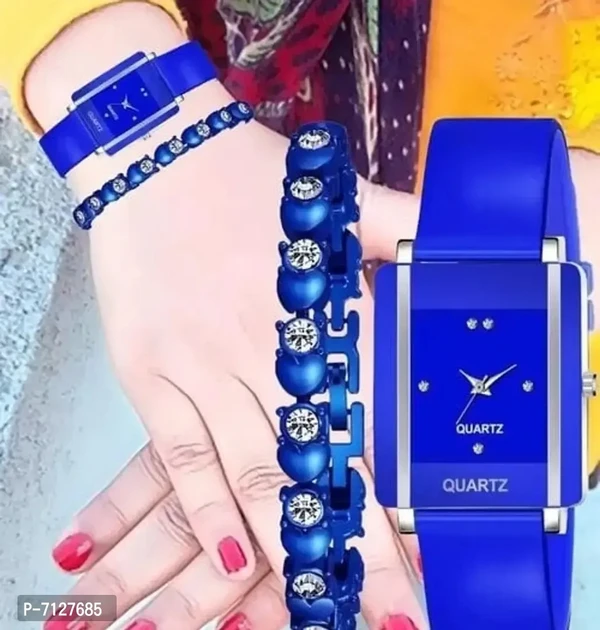 Stylish Blue PU Analog Watches With Bracelet Combo For Women