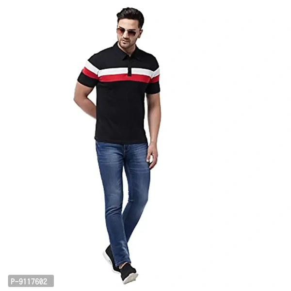 GRITSTONES Men's Regular Fit Cotton Half Sleeve Color Block Printed Polo T-Shirt - L