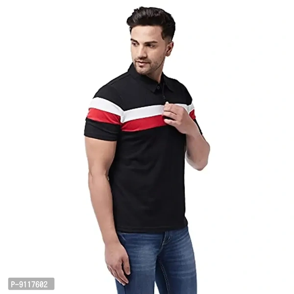 GRITSTONES Men's Regular Fit Cotton Half Sleeve Color Block Printed Polo T-Shirt - L