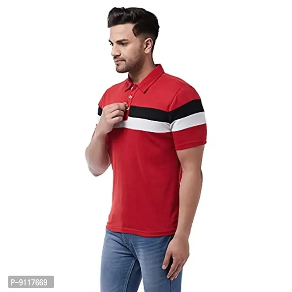GRITSTONES Men's Regular Fit Cotton Half Sleeve Color Block Printed Polo T-Shirt - Red, L