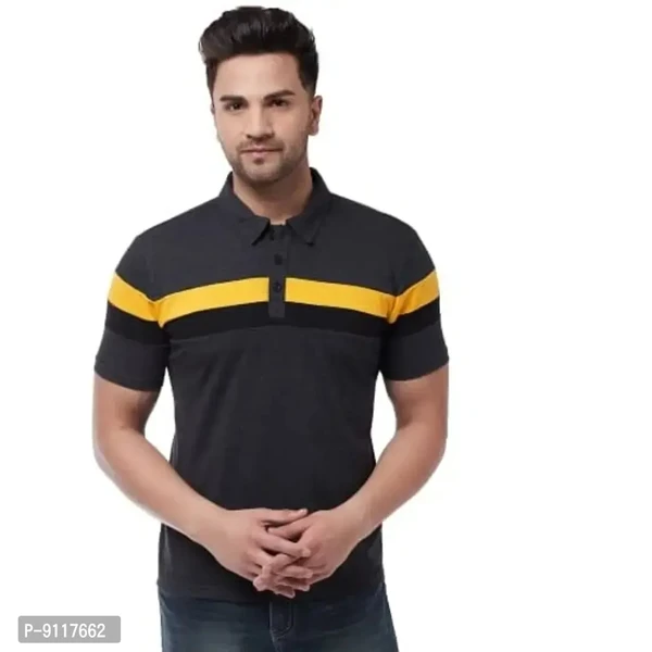 GRITSTONES Men's Regular Fit Cotton Half Sleeve Color Block Printed Polo T-Shirt - S