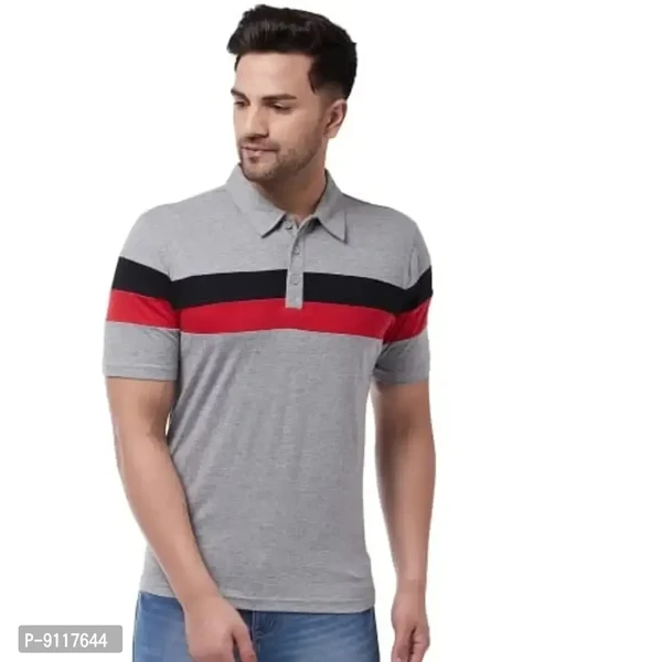 GRITSTONES Men's Regular Fit Cotton Half Sleeve Color Block Printed Polo T-Shirt - Gray, S