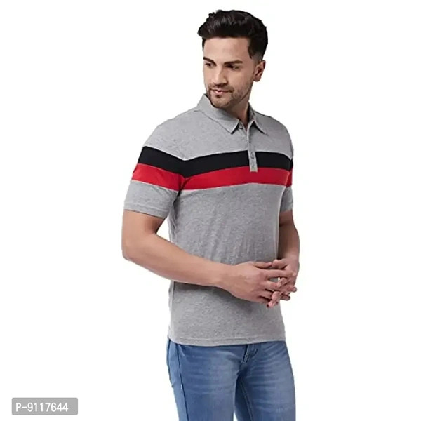 GRITSTONES Men's Regular Fit Cotton Half Sleeve Color Block Printed Polo T-Shirt - Gray, S