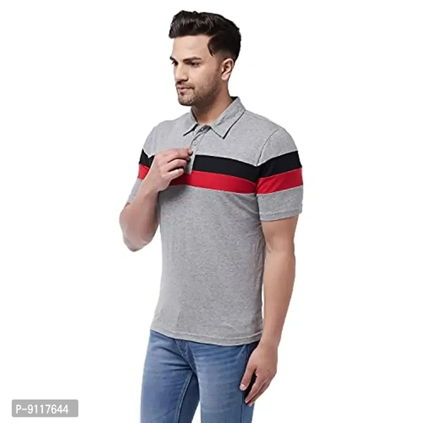 GRITSTONES Men's Regular Fit Cotton Half Sleeve Color Block Printed Polo T-Shirt - Gray, S