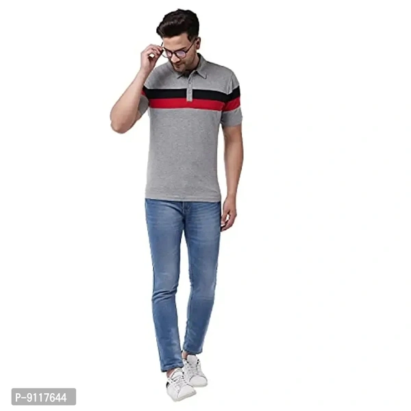 GRITSTONES Men's Regular Fit Cotton Half Sleeve Color Block Printed Polo T-Shirt - Gray, L