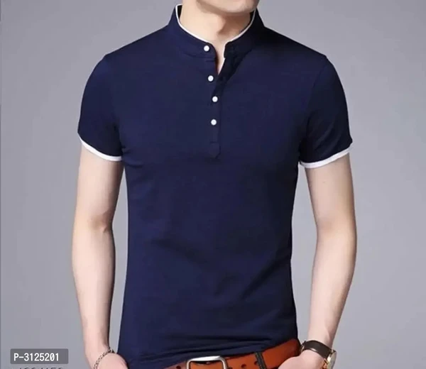 Men's Trendy Solid Cotton Mandarin Tees - Blue, M