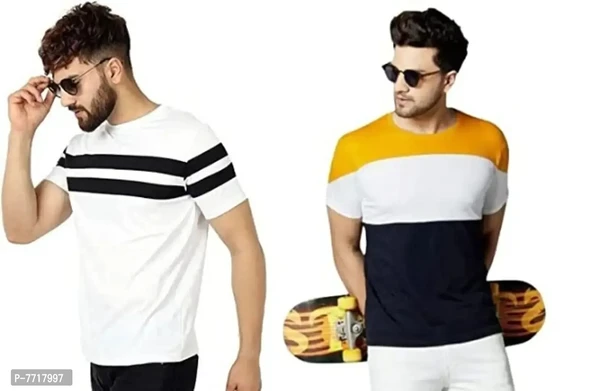 Mens Dry Fit Color Blocked and White T-Shirts with Stripe Combo - Pack of 2 (White-Multicolor) - M