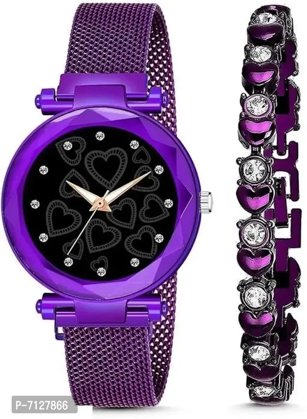 Stylish Black Metal Analog Watches With Bracelet Combo For Women