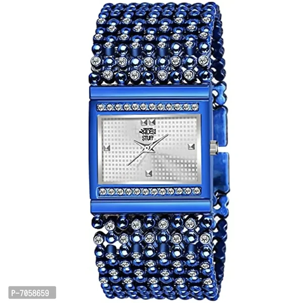 Swadesi Stuff Blue Rectangle Dial Latest Stylish Elegant Jewel Diamond Studded Metal Strap Bracelet Analog Watch - for Women