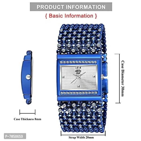 Swadesi Stuff Blue Rectangle Dial Latest Stylish Elegant Jewel Diamond Studded Metal Strap Bracelet Analog Watch - for Women