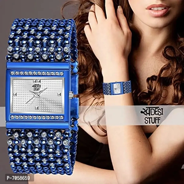 Swadesi Stuff Blue Rectangle Dial Latest Stylish Elegant Jewel Diamond Studded Metal Strap Bracelet Analog Watch - for Women