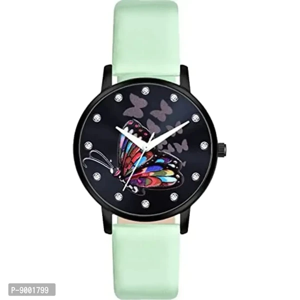 PAPIO Analogue Women's Watch and Girl's Watch (Black Dial Green Color Leather Belt)