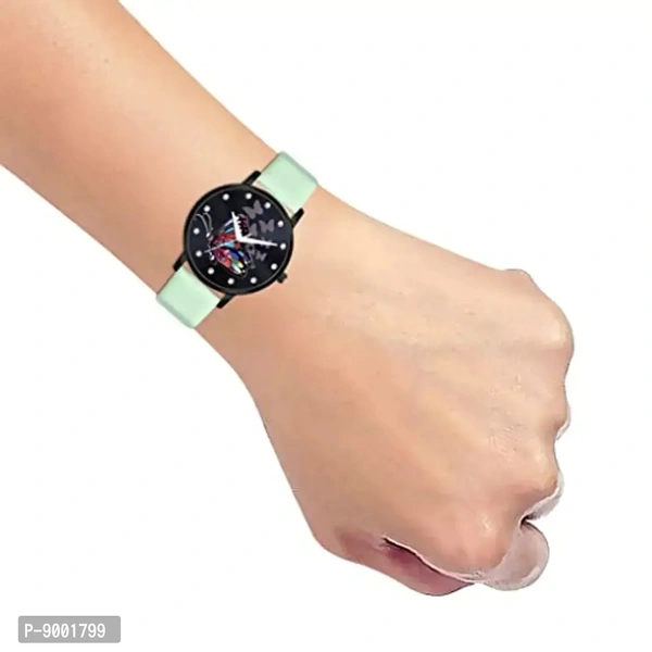 PAPIO Analogue Women's Watch and Girl's Watch (Black Dial Green Color Leather Belt)