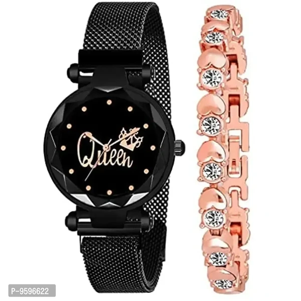 ZUPERIA Magnetic Strap Queen Dial Analogue Watch with Fancy Bracelet for Girls & Women (Rose Gold & Black5)