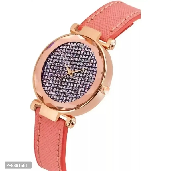 Stylish Designer Silver Dial Orange Lather Strap Watch For Girls
