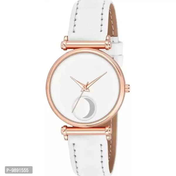 Stylish White Moon Dial Leather Strap Watch For Girl