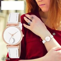 Stylish White Moon Dial Leather Strap Watch For Girl