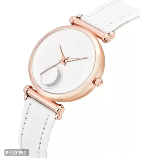 Stylish White Moon Dial Leather Strap Watch For Girl