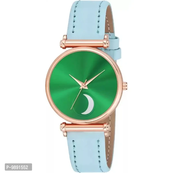 Stylish Green Moon Dial Leather Strap Watch For Girls