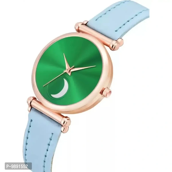 Stylish Green Moon Dial Leather Strap Watch For Girls