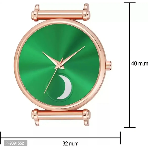 Stylish Green Moon Dial Leather Strap Watch For Girls