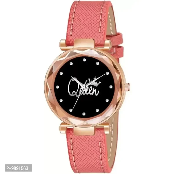 Stylish Designer Queen Dial Orange Lather Strap Watch For Girls