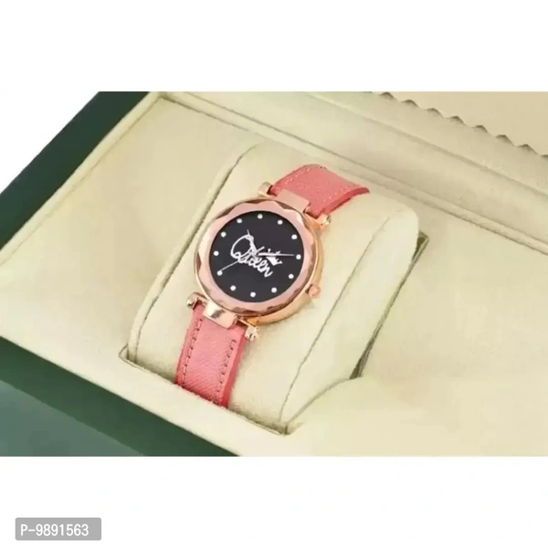 Stylish Designer Queen Dial Orange Lather Strap Watch For Girls