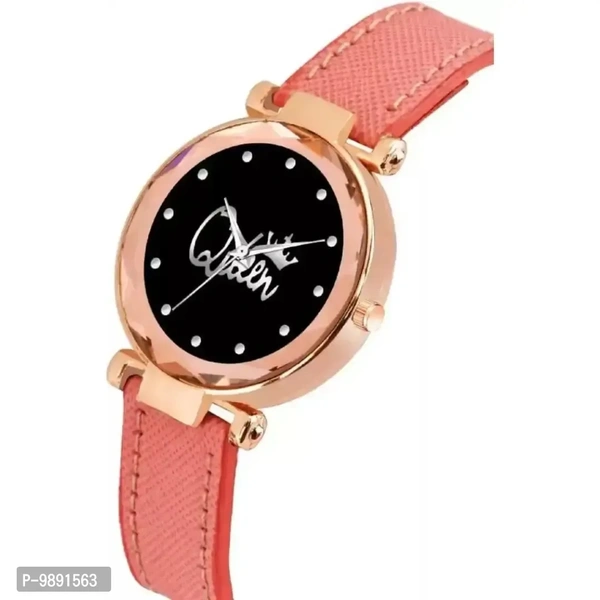 Stylish Designer Queen Dial Orange Lather Strap Watch For Girls