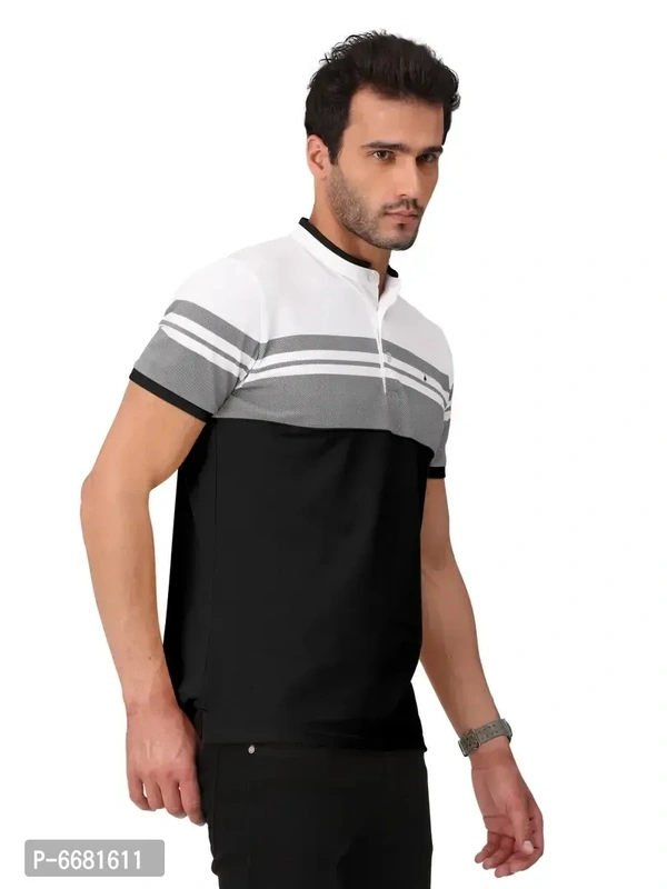 Stylish Cotton Straight Collar Chinese Collar Neck Color Block T-Shirt For Men - 4XL