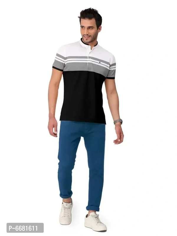 Stylish Cotton Straight Collar Chinese Collar Neck Color Block T-Shirt For Men - 4XL