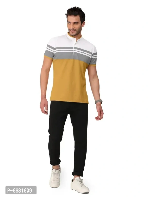 Stylish Cotton Straight Collar Chinese Collar Neck Color Block T-Shirt For Men - 4XL