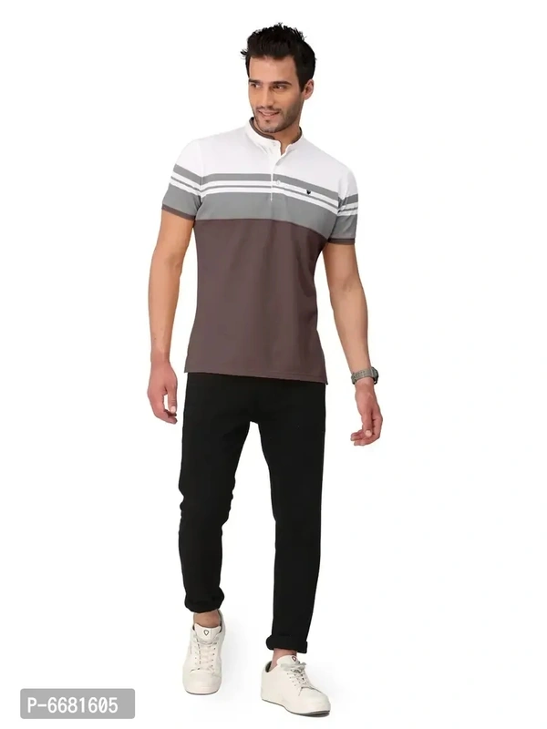 Stylish Cotton Straight Collar Chinese Collar Neck Color Block T-Shirt For Men - 3XL