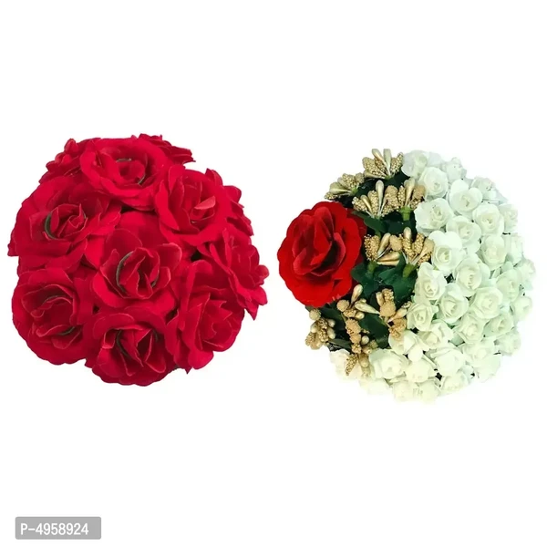 VinshBond Full Juda Bun Gajra Hair Flower Gajra Combo for Wedding and Parties (Red Yellow) for women girls, Pack of 2