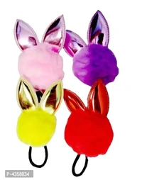 Bunny Ears PomPom Fur Ponytail Rubber Bands/Ponytail Holders (4 Pcs)
