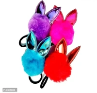 Bunny Ears PomPom Fur Ponytail Rubber Bands/Ponytail Holders (4 Pcs)