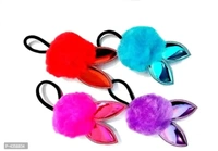 Bunny Ears PomPom Fur Ponytail Rubber Bands/Ponytail Holders (4 Pcs)