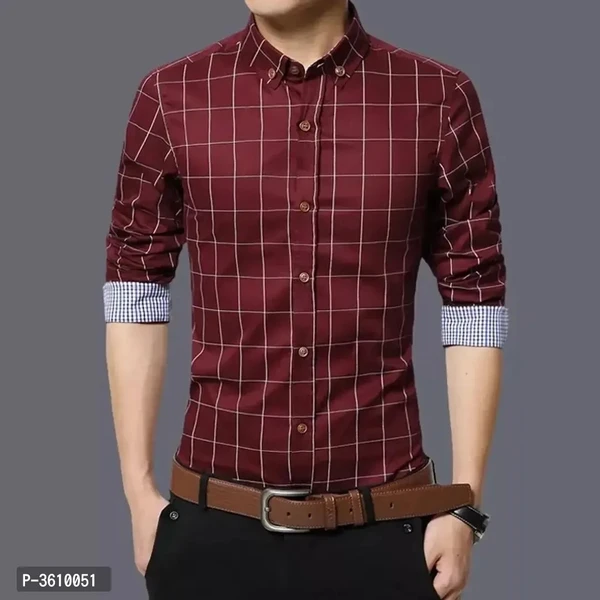 Mens Maroon Cotton Long Sleeves Checked Slim Fit Casual Shirt - Maroon, M