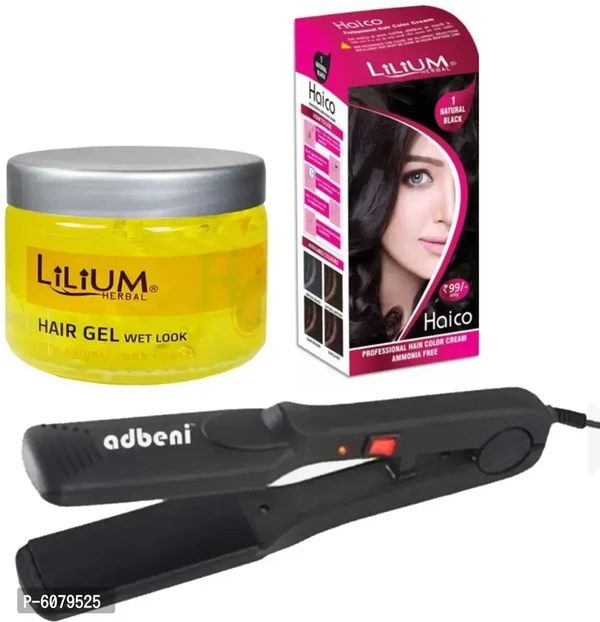 Lilium Wet Look Hair Gel Natural Black Hair Color With Hair Straightner Pack Of 3 (Gc881) (3 Items In The Set)