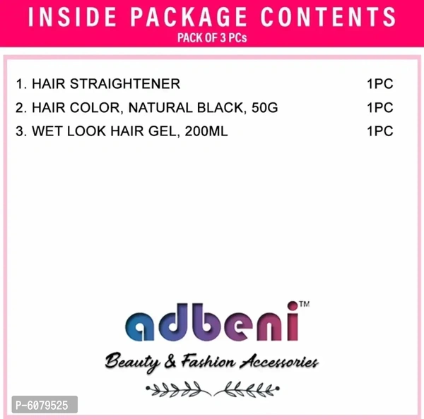 Lilium Wet Look Hair Gel Natural Black Hair Color With Hair Straightner Pack Of 3 (Gc881) (3 Items In The Set)