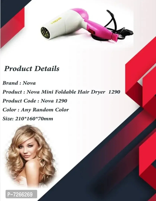 Nova 1290 Stylish Hair Dryer 2 Speed Control Electric Foldable Hair Dryer 1000 Watts Only Pack Of 1