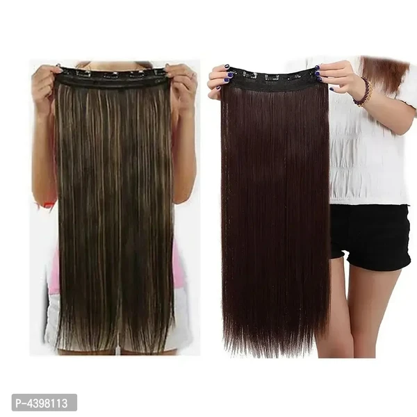 Pack Of 2, Straight Full Head Synthetic Fibre Clip In Hair Extensions 5 Clips Based 26Inch, Brown Golden Hilighted