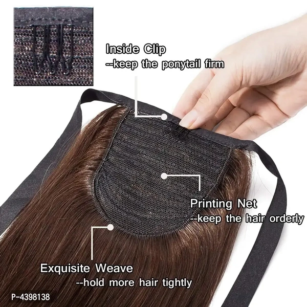 Tie Up Ponytail Human Hair Extensions With Ribbon Binding Comb Clip In Long Straight Pony Tail For Women, 20 Inch-Brown